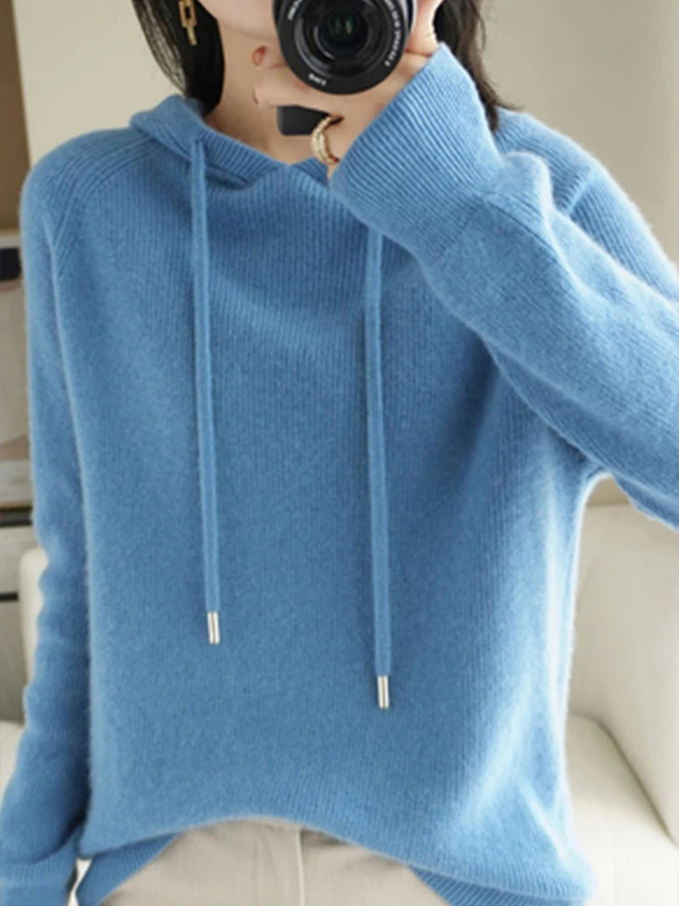 Merino Wool Blend Long Sleeve Hooded Pullover Sweater