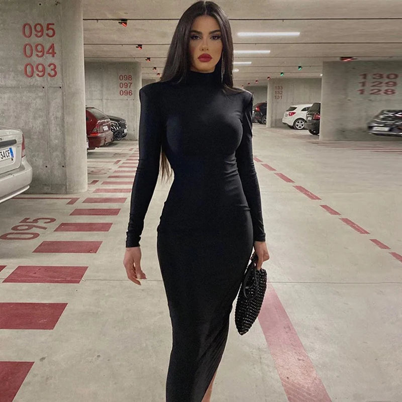 Long Sleeve Turtleneck Black Bodycon Maxi Dress