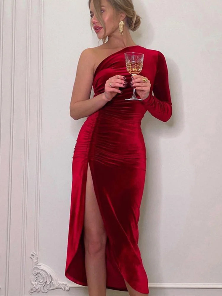 Elegant Long Sleeve Velvet Evening Dress w/Slit