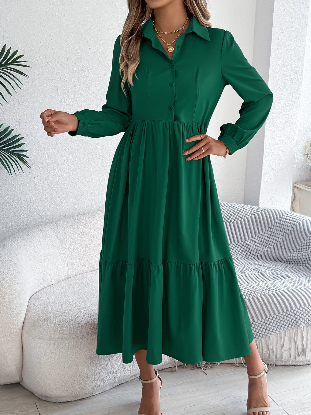 Women's Casual Button Down Long Sleeved Dress
