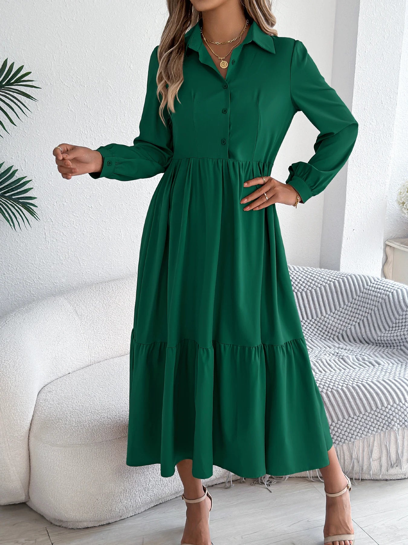 Women's Casual Button Down Long Sleeved Dress