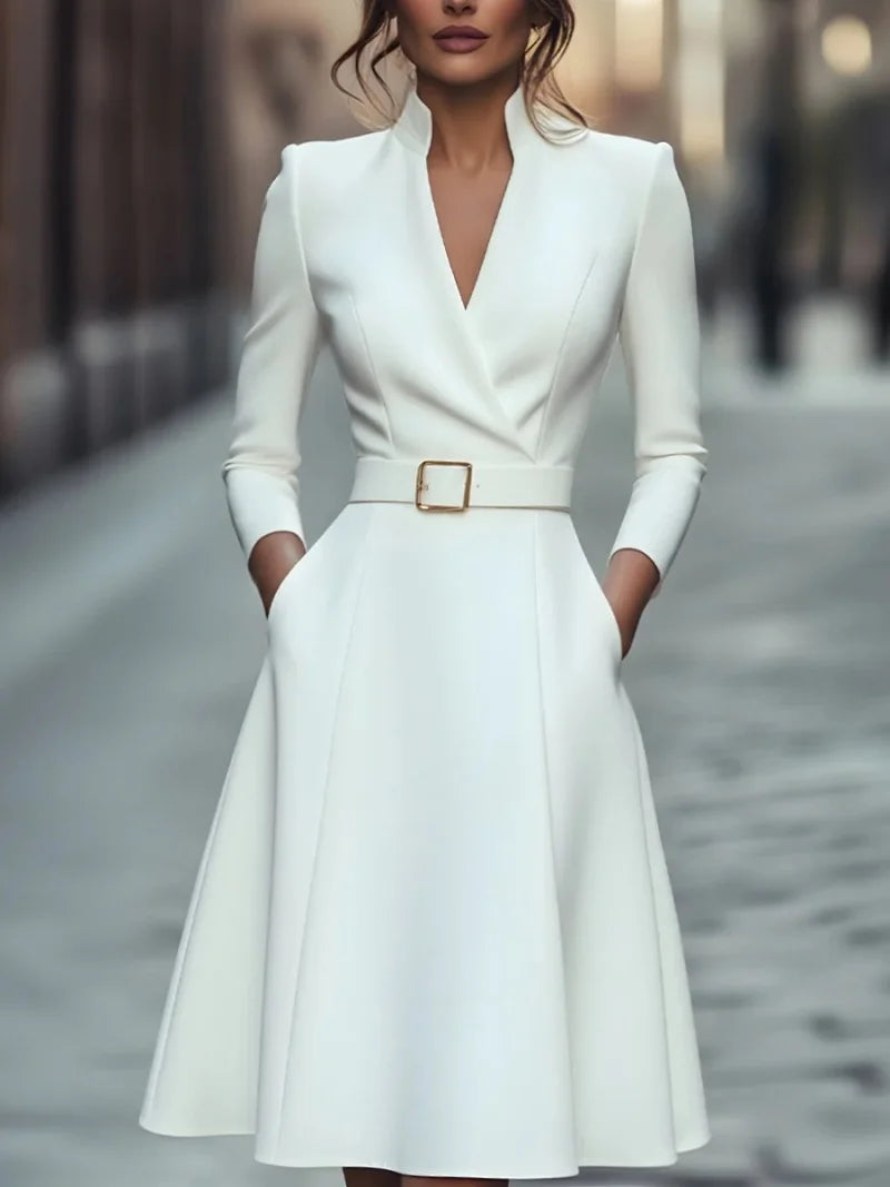 Waist slimming V-neck long-sleeved belted A-shaped dress