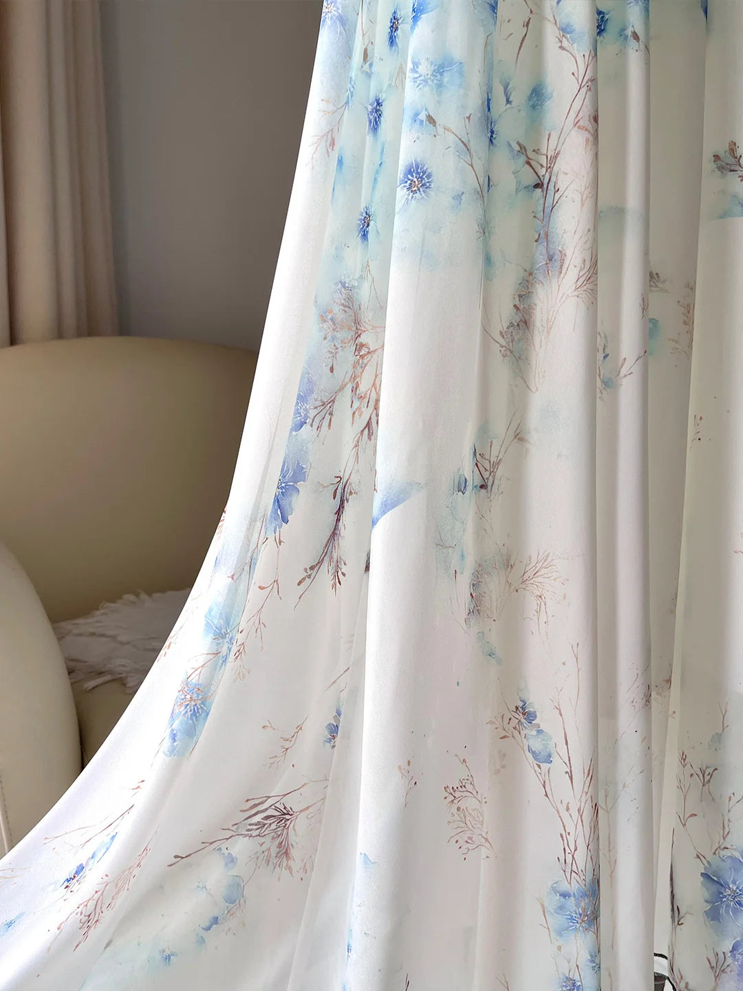 Loose A-Line Blue Long Sleeve V-Neck Floral Print Maxi Dress