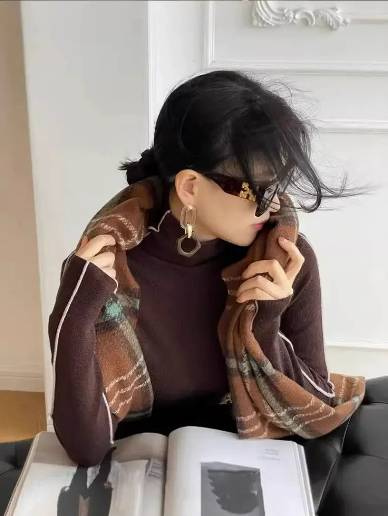 Long Sleeve Knit Turtleneck with Striped Sleeves Sweater Top