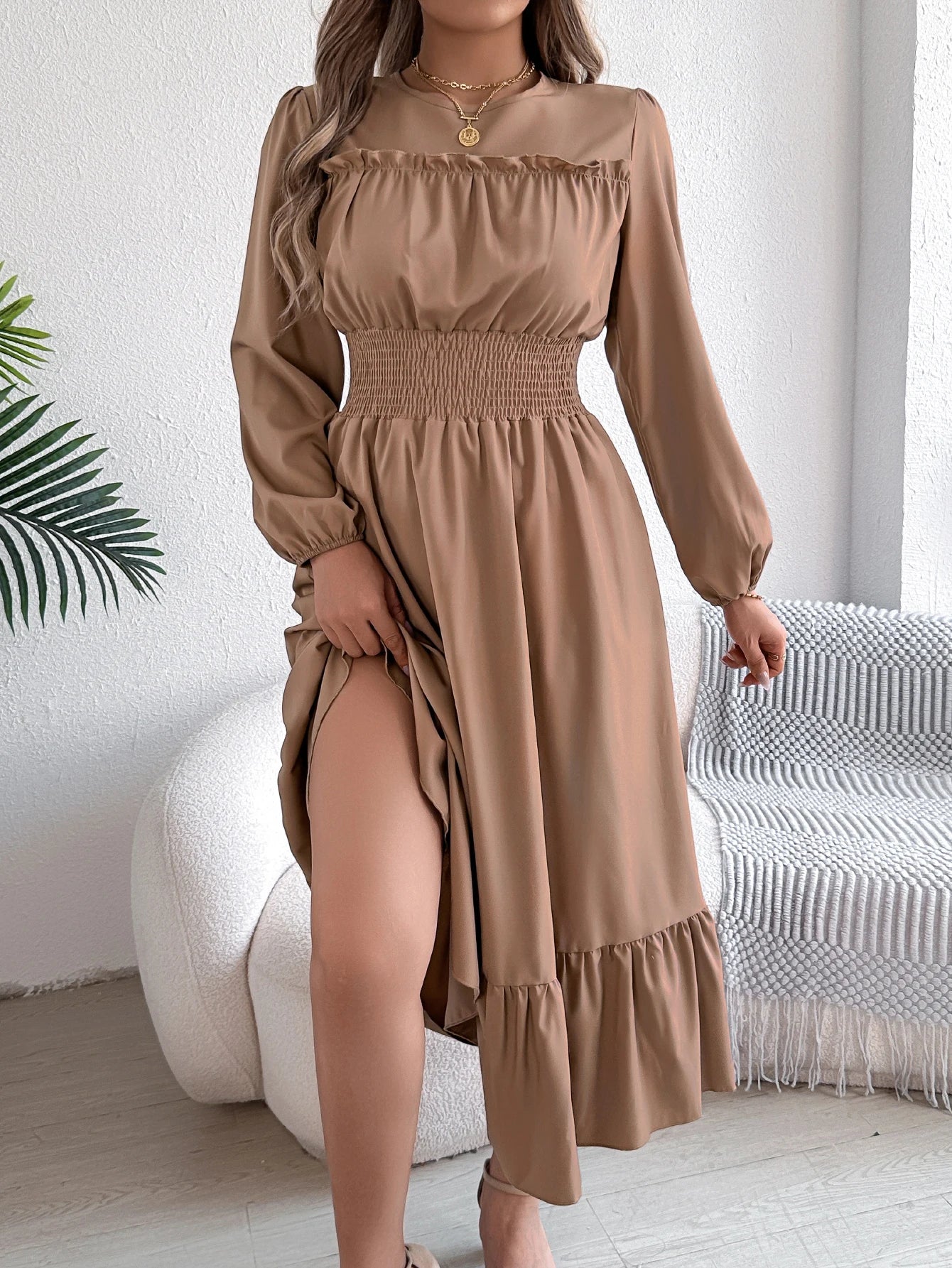 Women's Casual Elegant Round Neck Long Sleeved Waist Cinched Lotus Leaf Edge Dress