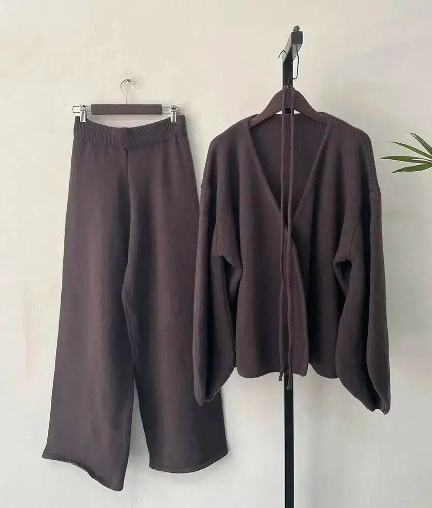 Casual Long Sleeve Sweater And High Waist Trousers Knit Set
