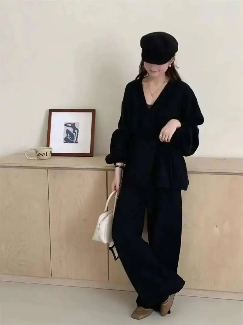 Casual Long Sleeve Sweater And High Waist Trousers Knit Set
