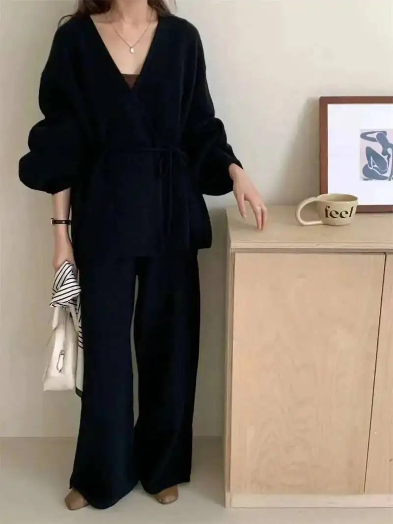 Casual Long Sleeve Sweater And High Waist Trousers Knit Set