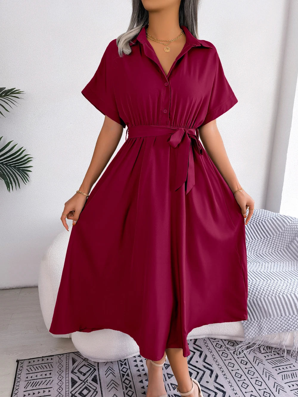 Women's Turn Down Collar Lace Up Dress