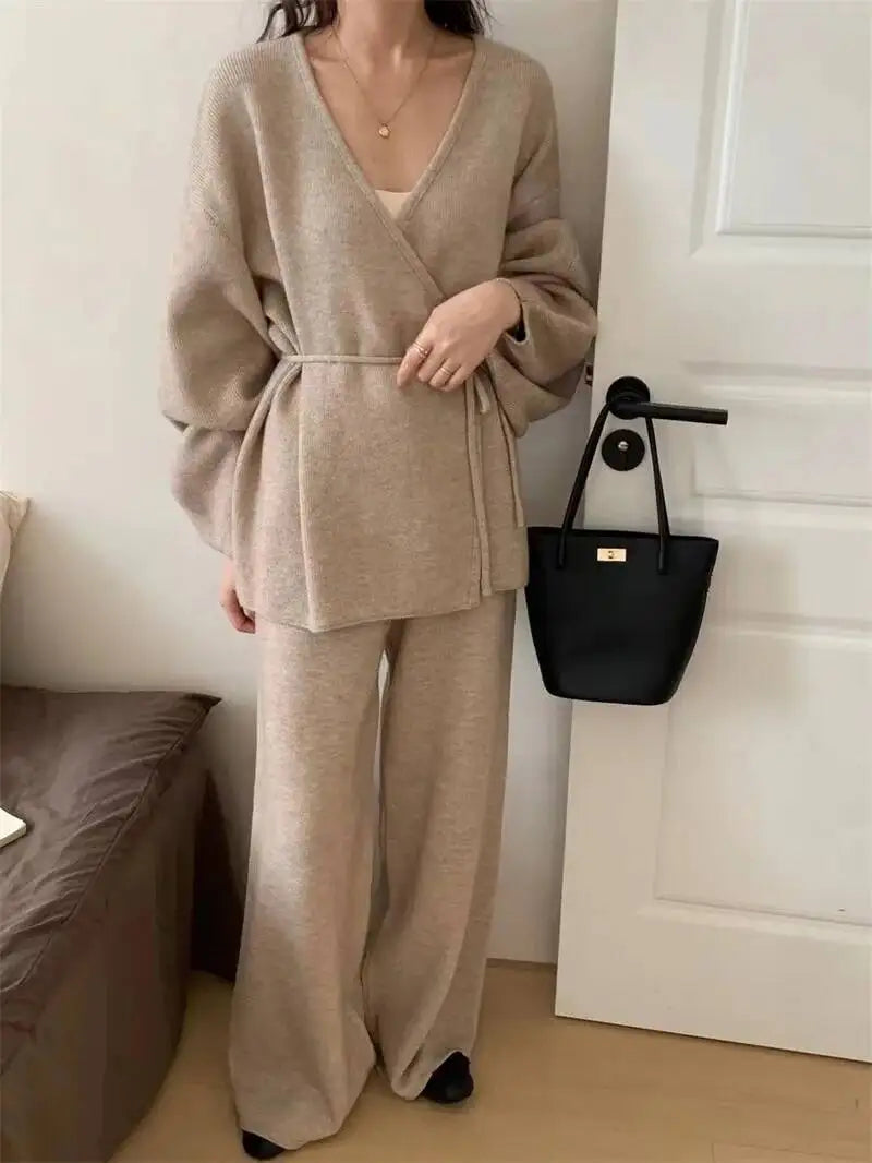 Casual Long Sleeve Sweater And High Waist Trousers Knit Set